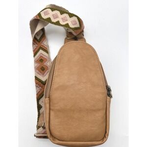 Tan Vegan Leather Sling Bag Embroidered Aztec Guitar Strap Boho Crossbody
